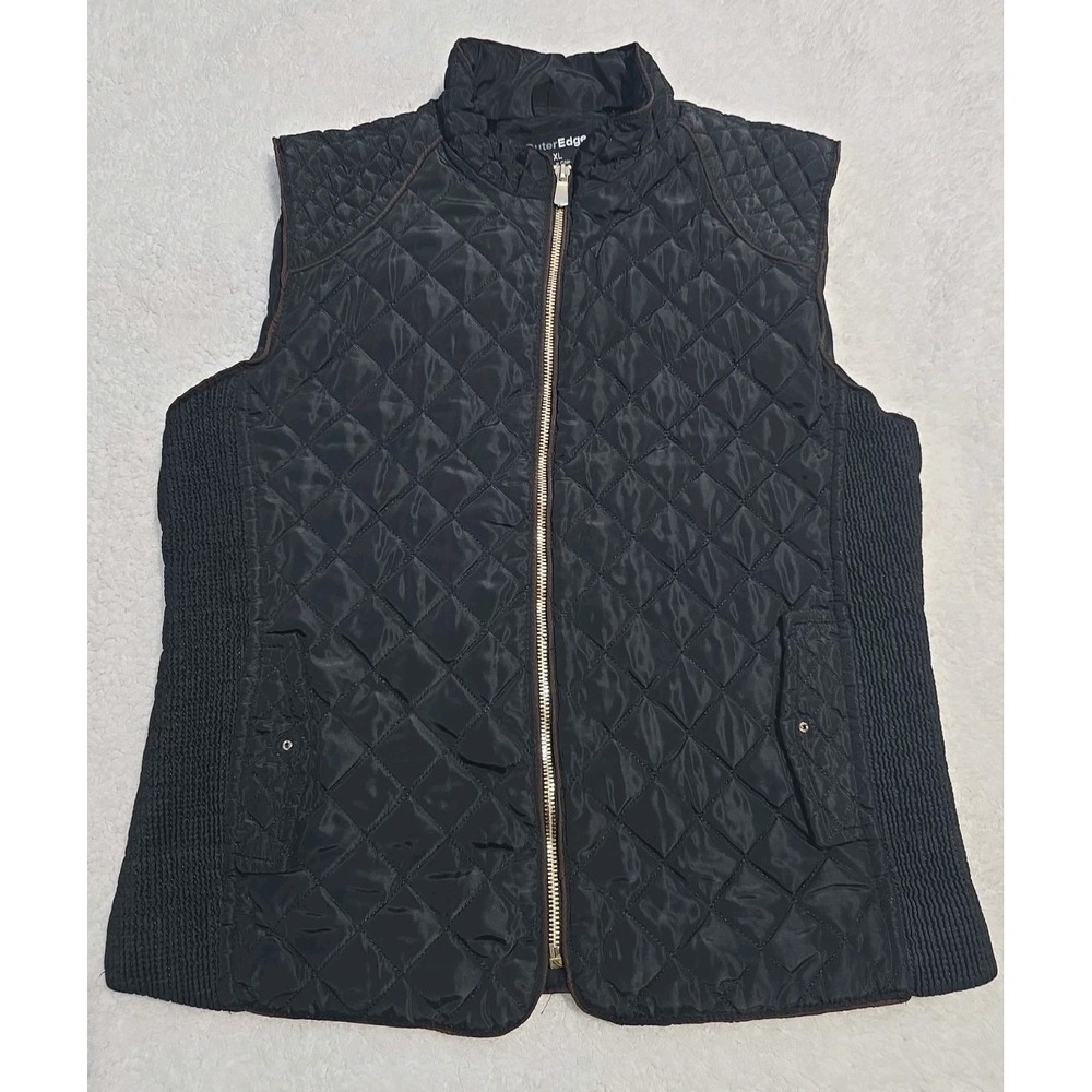 Outer Edge Black Quilted Zip Vest Women's Sleeveless Diamond Pattern Sz XL